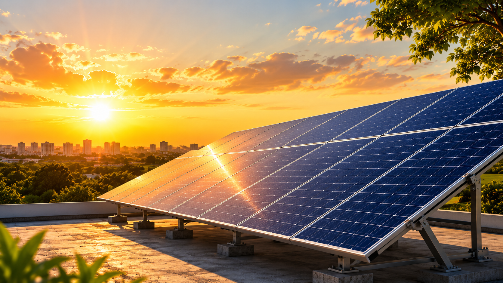 Rooftop solar panels at sunset